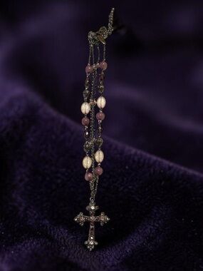 🫶🏻 Delicate Beaded Cross Pendant Necklace - Purple, Lilac & Cream